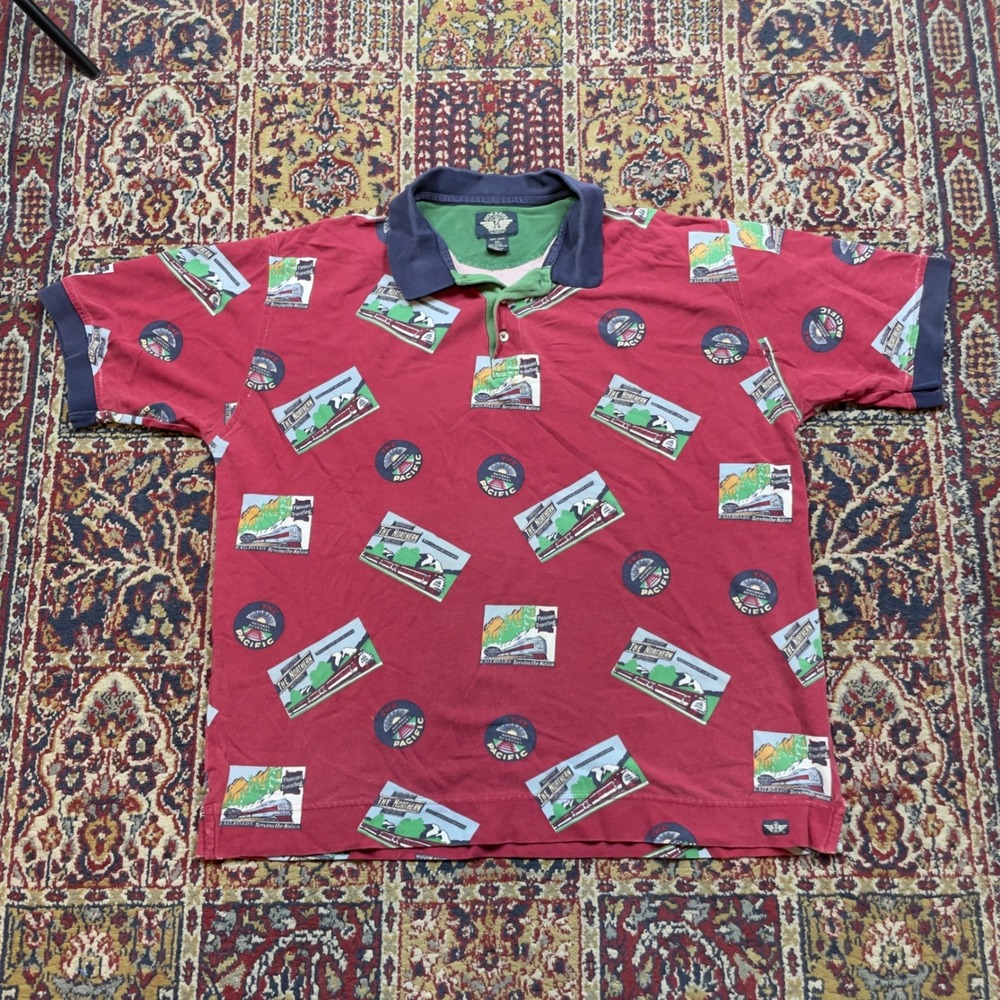 VTG 90s Dockers Train Pattern Knit XL Red Train Graphic‎ Short Sleeve Polo Shirt